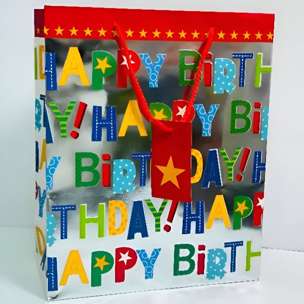 Happy Birthday Gift Bag – Small (18 x 23 x 10 cm), Multicolor, Glossy Finish with Tag & Handles