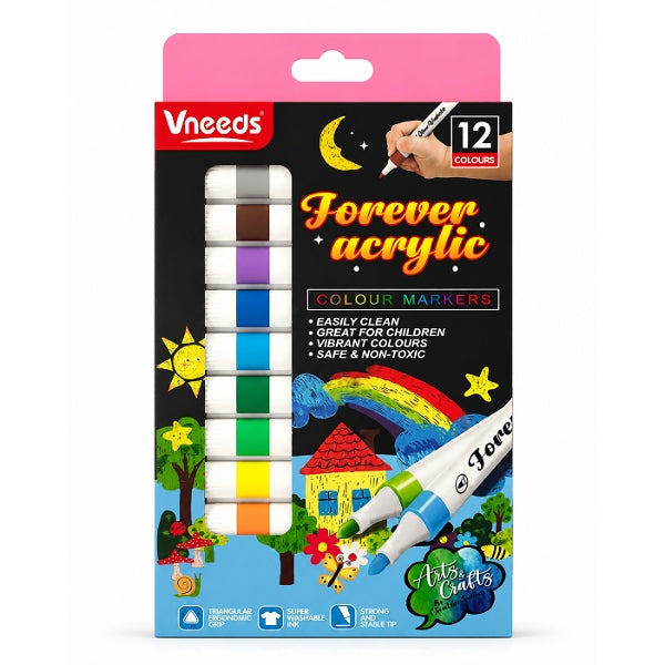 Vneeds Forever Acrylic Colour Markers – 12-Colour Washable Non-Toxic Art Marker Set For Kids