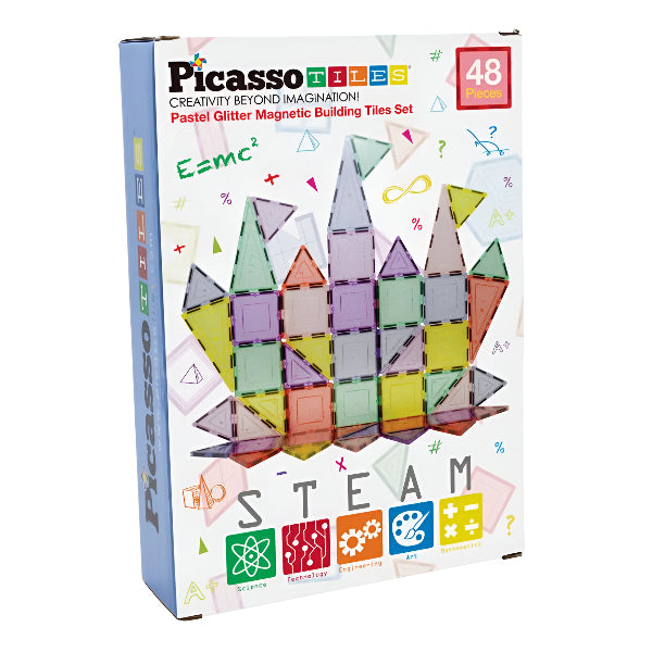 Picasso Pastel Glitter Magnetic Building Tiles – 48 Pieces - Stem Toy For Kids With Reflective Flakes For Creativity & Learning