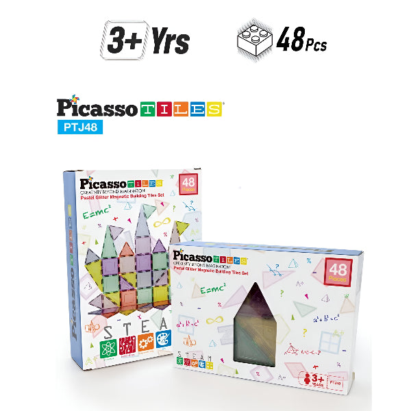 Picasso Pastel Glitter Magnetic Building Tiles – 48 Pieces - Stem Toy For Kids With Reflective Flakes For Creativity & Learning alternate
