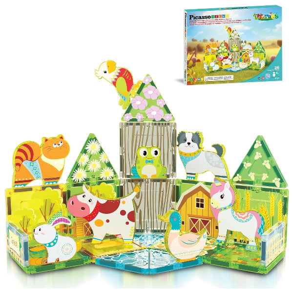 Picasso Tiles 26-Piece Magnetic Building Blocks – Printed Fall Farm Animal Playset– Printed Fall Farm Animal Playset