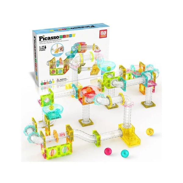 PicassoTiles Magnetic Marble Run Building Set, 80 Pieces
