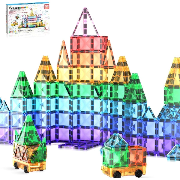 PicassoTiles 120-Piece Mini Magnetic Tile Expansion Set with Vehicles & Figures