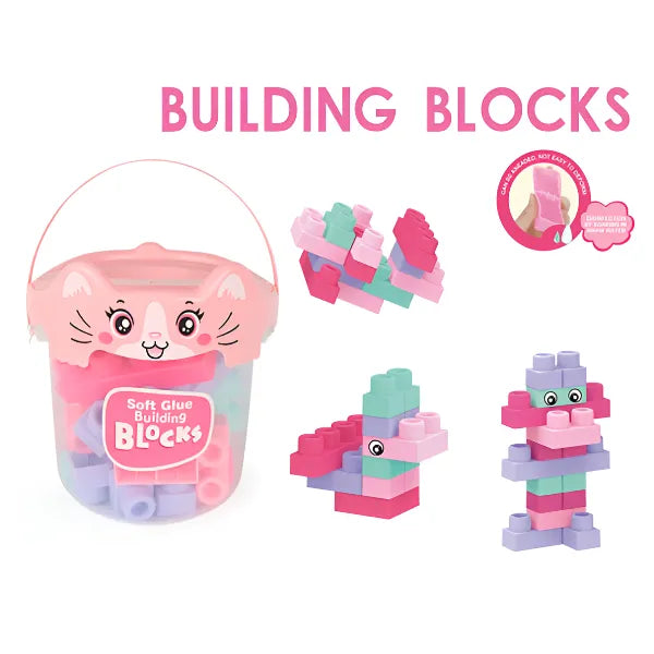 Soft Glue Building Blocks Set – 24 Pieces with Storage Bucket - Pink