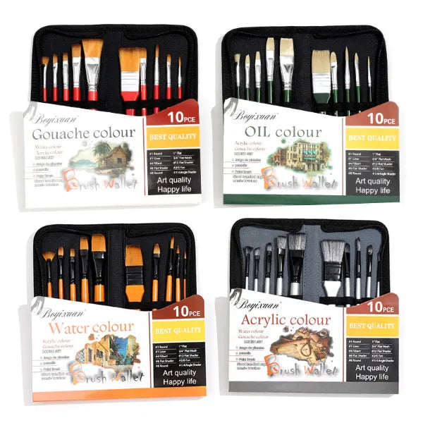 High Quality Nylon Wool & Wood Handle Paint Brush Set – Pack of 10 (Assorted Colours 1 Piece Set )