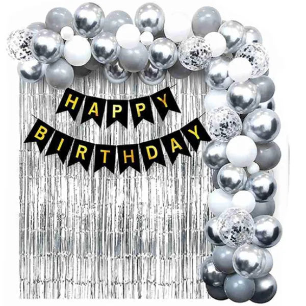 Happy Birthday Party Decoration Balloons Set With Banner-Pack Of 70 Balloons - Silver