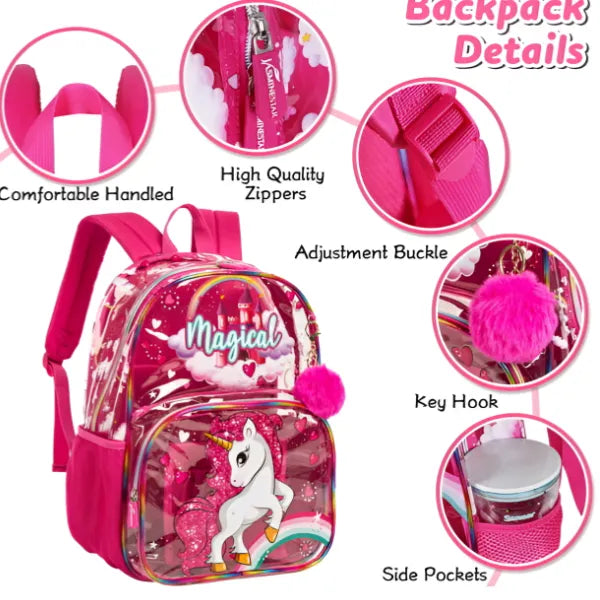 Unicorn Clear Backpack With Lunchbag & Pencil Case For Girls - 3pcs