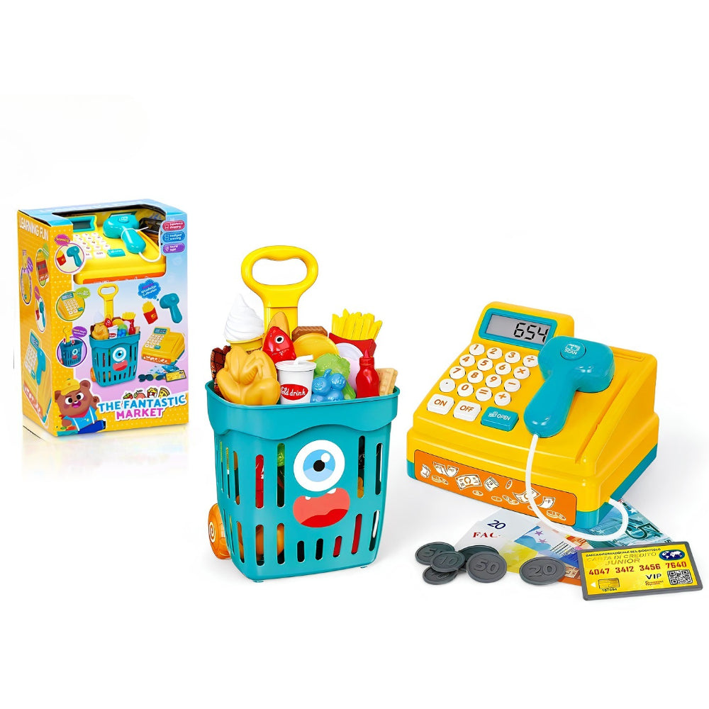 Kids Pretend Play Cash Register & Shopping Basket Set With Accessories