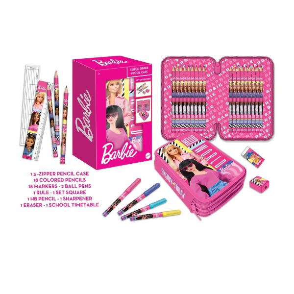 Barbie 3-Zippers Pencil Case Set With School Accessories Age 3+