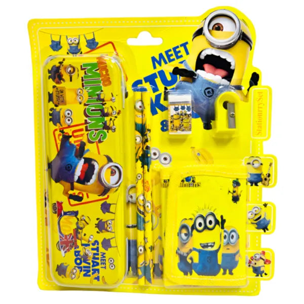 Boys Cartoon Minions Design Stationary Gift Set Pencil, Sharpener, Eraser, Wallet, Pencil Box