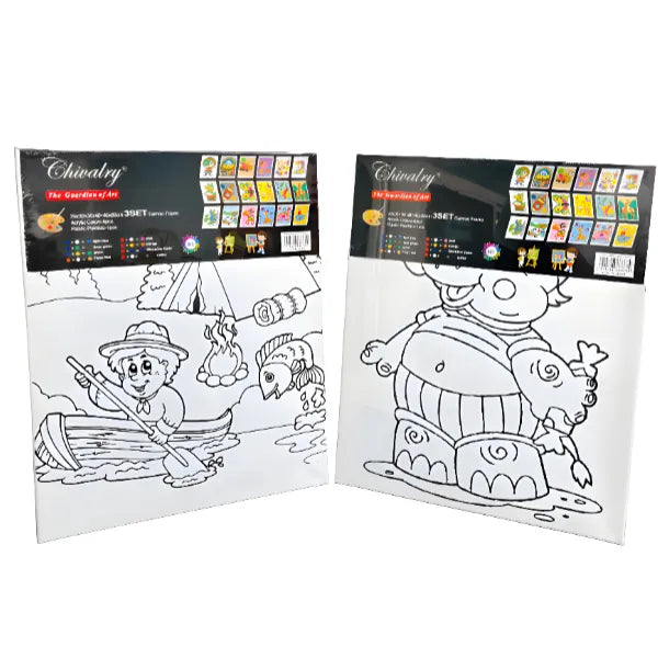 Cartoon Design Canvas Board With Colouring Set - 40 X 50 Cm (1Piece Set) -