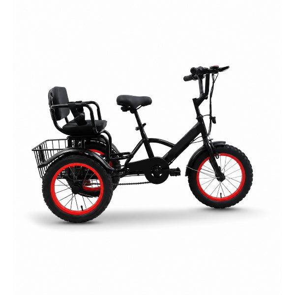 14-Inch Black And Red Three-Wheel Tricycle With Rear Passenger Seat
