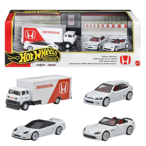 Hot Wheels Premium Honda Type R Heritage Collector Set With Honda S2000, Civic Type R, Nsx-R & Sakura Sprinter Transporter