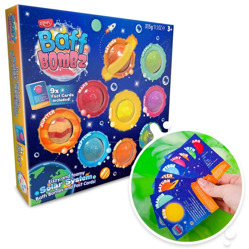 Zimpli Kids Solar System Baff Bombz Bath Bomb Set – 9 Planet Fizzers With Fact Cards