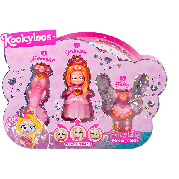 دمية Kookyloos Fairytale Mix & Match Hearts الخيالية 3 في 1 مع أزياء الأميرة وحورية البحر والجنية