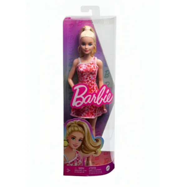 Barbie Fashionistas Doll With Blonde Ponytail, Pink & Red Floral Dress, Platform Sandals & Hoop Earrings
