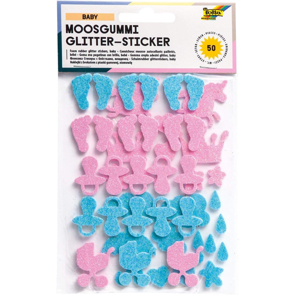 Folia Baby Glitter Foam Stickers – 50 Assorted Pieces In Pink & Blue
