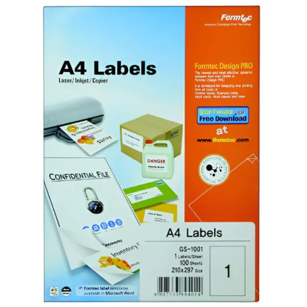 ملصقات Formtec متعددة الاستعمالات بحجم A4 - عبوة من 100 ملصق (DSHO19)