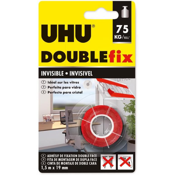 شريط تثبيت مزدوج غير مرئي فائق القوة وشفاف من Uhu Doublefix مقاس 1.5 متر × 19 مم