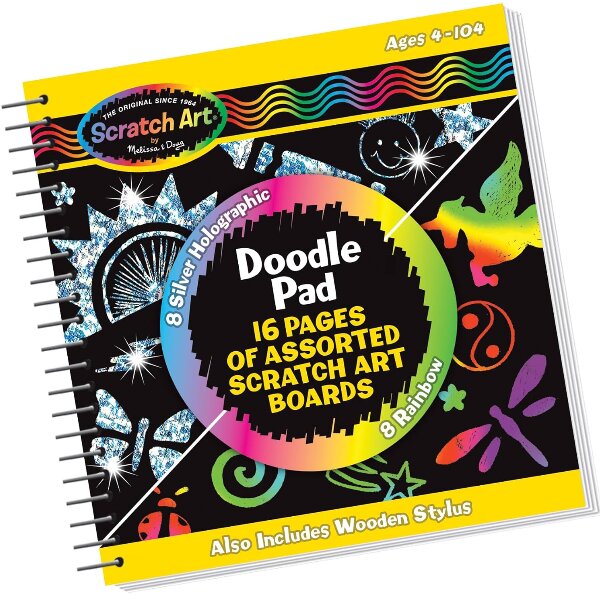 Melissa & Doug Scratch Art Doodle Pad – 16 Mini Scratch-Art Boards with Wooden Styles for Kids 4+