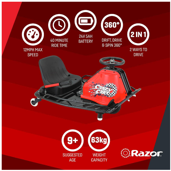 عربة Razor الكهربائية الانجرافية للأطفال جونيور 2.0 بسرعة 19 كم/ساعة، سيارة سباق للأطفال قابلة للركوب alternate