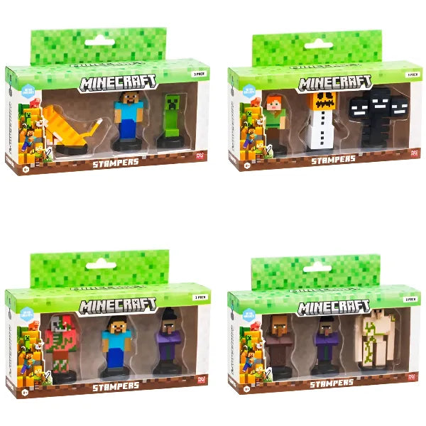 Minecraft Stamper 3D Figure Set – 3-Piece Collectible Pixelated Characters for Kids - Assorted