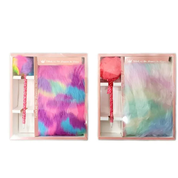 Rainbow Feather Lovely Fur Cover GIFT Notebook Diary with Pen Set for Girls - 1 Piece Set