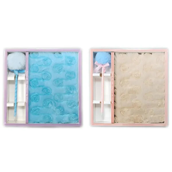 Rose Flower Design Plush Gift Notebook With Pen Set - 1 Piece Set
