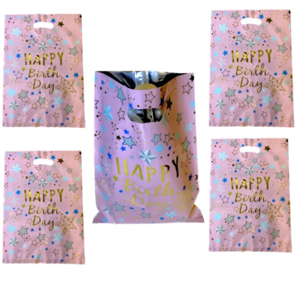 Happy Birthday Party Star Printed Plastic Loot Gift Bag -Pack Of 10 Pieces