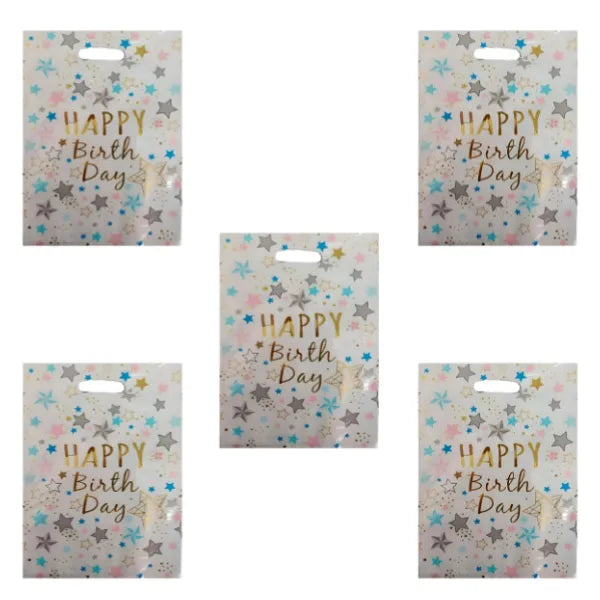 Happy Birthday Party Star Printed White Plastic Loot Gift Bag -Pack Of 10 Pieces