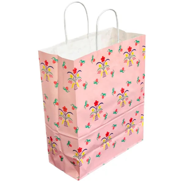 Gift Kraft Paper Bag- Pink Colour Plant Theme-Medium Size