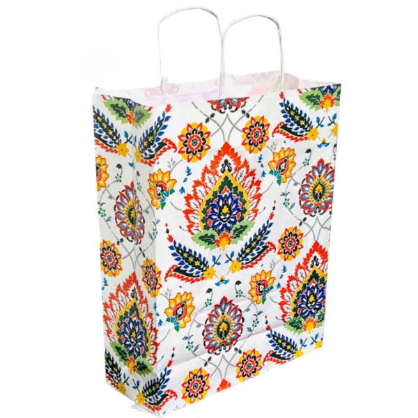 Gift Kraft Paper Bag-White Leaf Design-Large Size