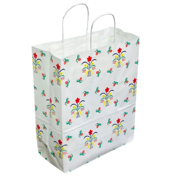 Gift Kraft Paper Bag- White Colour Plant Theme-Medium Gcrq18_We