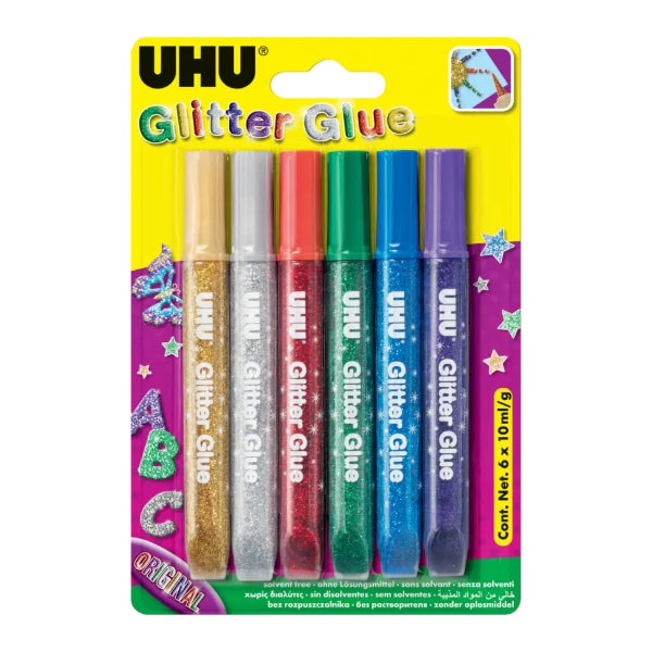 UHU Glitter Glue Set, 6 Assorted Colors, 10 ml Each