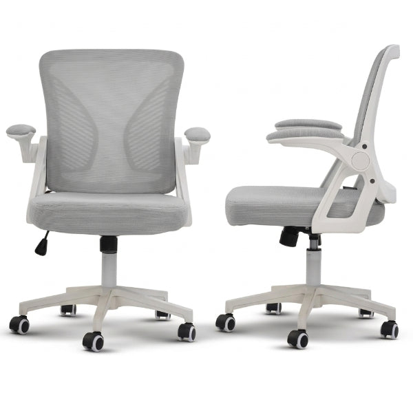 Drogo Ergonomic High-Back Mesh Study Chair – White & Grey, Adjustable Seat With Rocking & Flip-Up Armrests