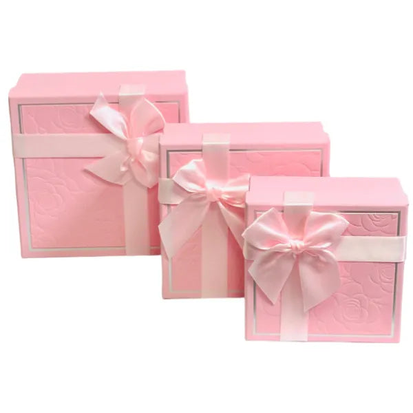Gift Box 3 pcs Set With Ribbon Bow - Pink