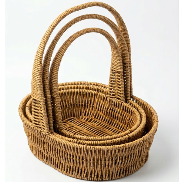 Handwoven Oval Basket Set With Handles-3 Pieces Set