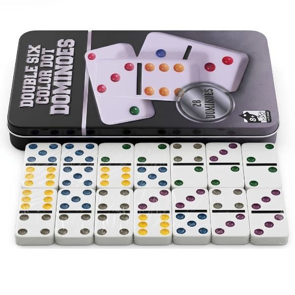 Classic Double Six Dominoes – 28-Piece Colour Dot Set In Metal Box