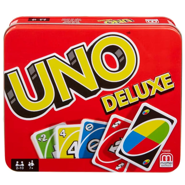 Mattel Uno Deluxe Card Game In Tin Box, Family Party Game 2-10 Players, Age 7+ alternate
