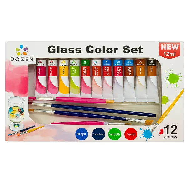 DOZEN Glass color Paint Set – 12 x 12ml Tubes with Brush Set