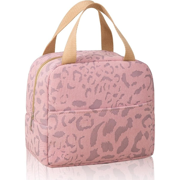 Insulated Lunch Bag with Carry Handles & Front Pocket – Pink Leopard Print