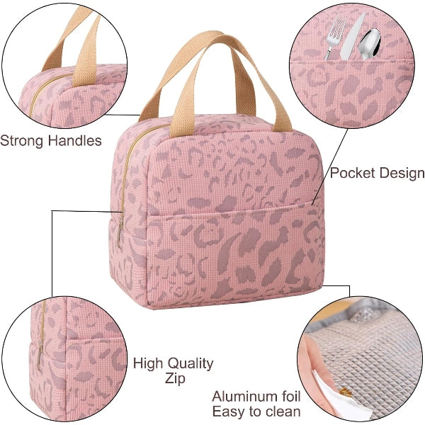 Insulated Lunch Bag with Carry Handles & Front Pocket – Pink Leopard Print alternate