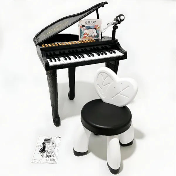 Electronic Piano Musical Play Set With Working Microphone, Colorful Lights & Stool - Black Color