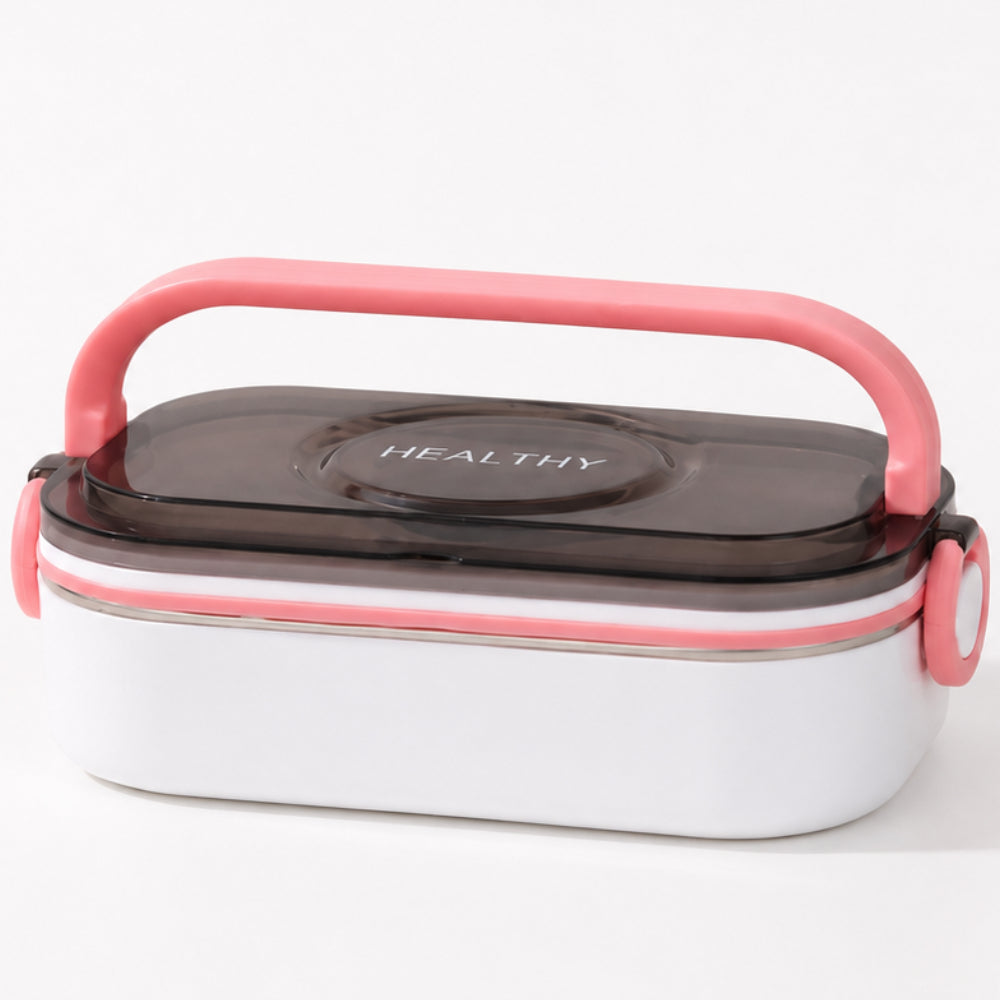 Lunch Box 800Ml 2 Compartment With Stainless Steel Inner & Carry Handle - White & Pink