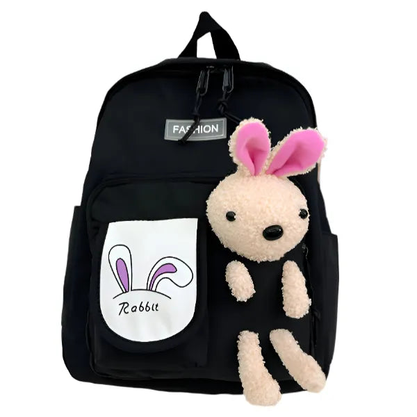 Mini Backpack Bag With Rabbit Doll   - Black