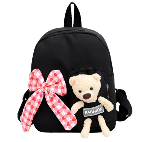 Mini Backpack Bag With Bear Doll  - Black