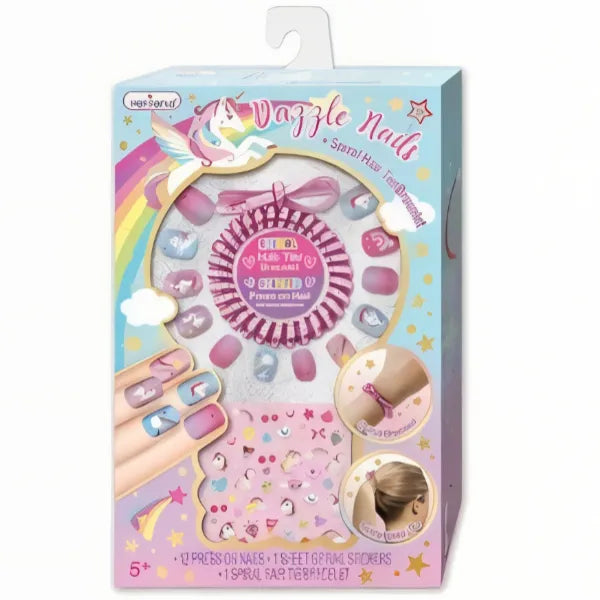 Hot Focus Unicorn Dazzle Nails & Spiral Hair Tie Bracelet Set (MSEQ132)