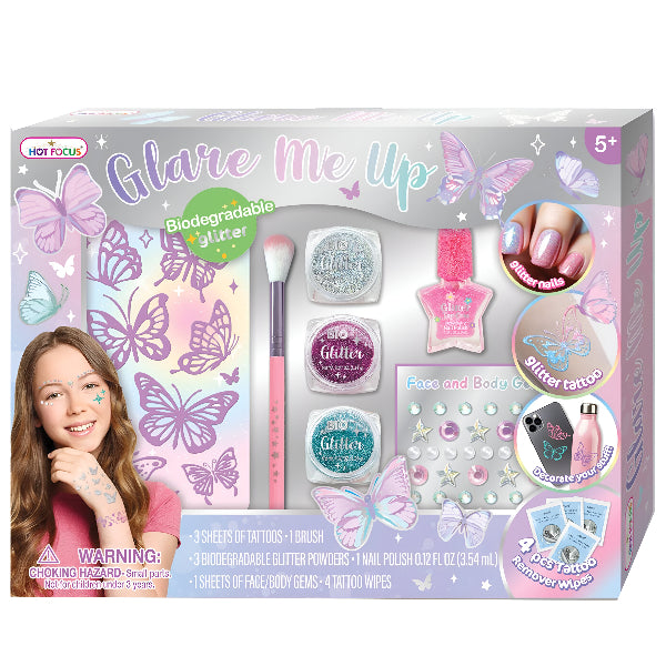 Hot Focus Glare Me Up – Tie-Dye Butterfly Nail Polish & Glitter Tattoo Sticker Set For Girls
