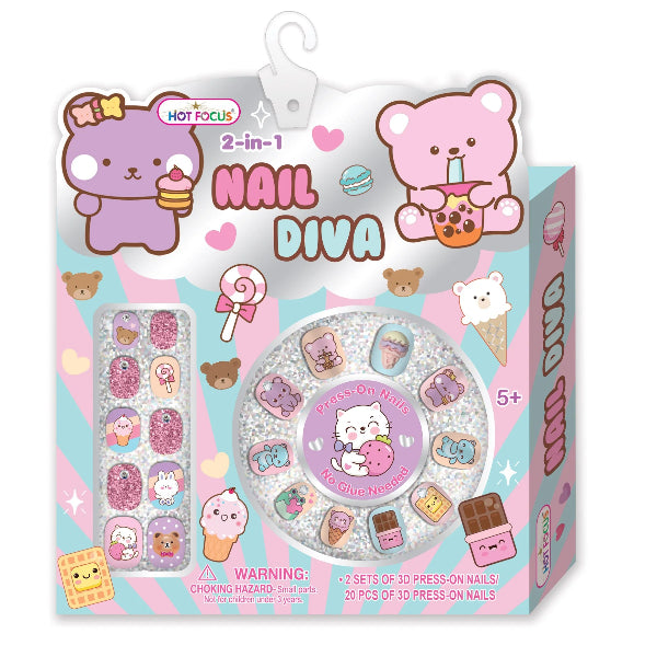 Hot Focus Nail Diva Press-On Nails – 20 3D Colorful Nails for Kids