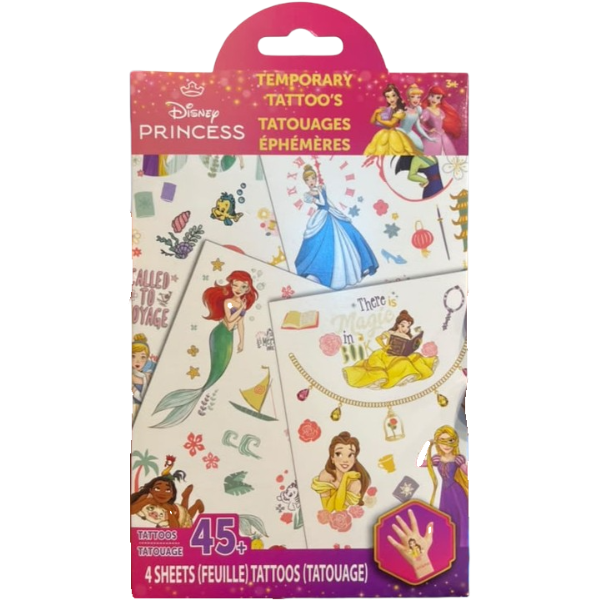 Disney Princess Temporary Tattoos Set, 45+ Tattoos, 4 Sheets, Age 3+